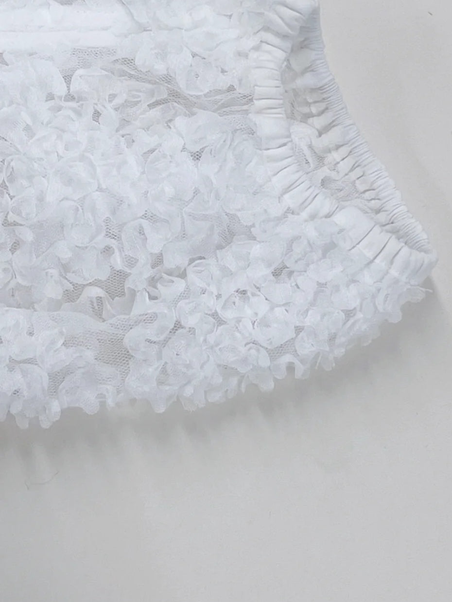 TORRAZZO DONNA フラワーレースバンドカラーふわ袖チュールブラウス