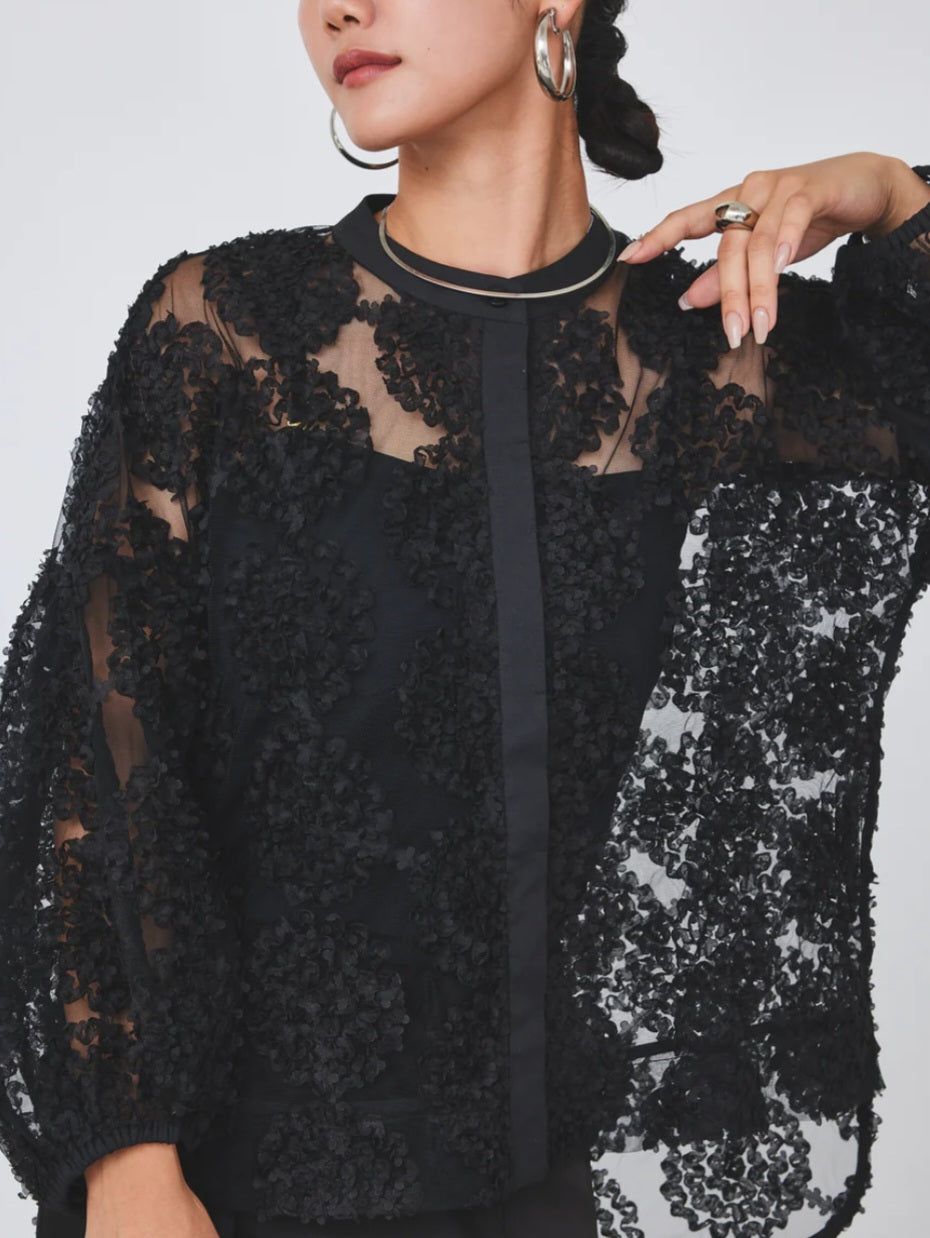 TORRAZZO DONNA フラワーレースバンドカラーふわ袖チュールブラウス