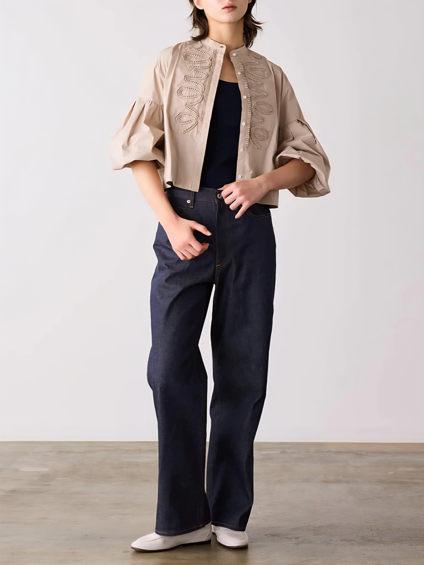 SOI-MeME　ダイヤタック刺繍バルーンスリーブショートブラウス