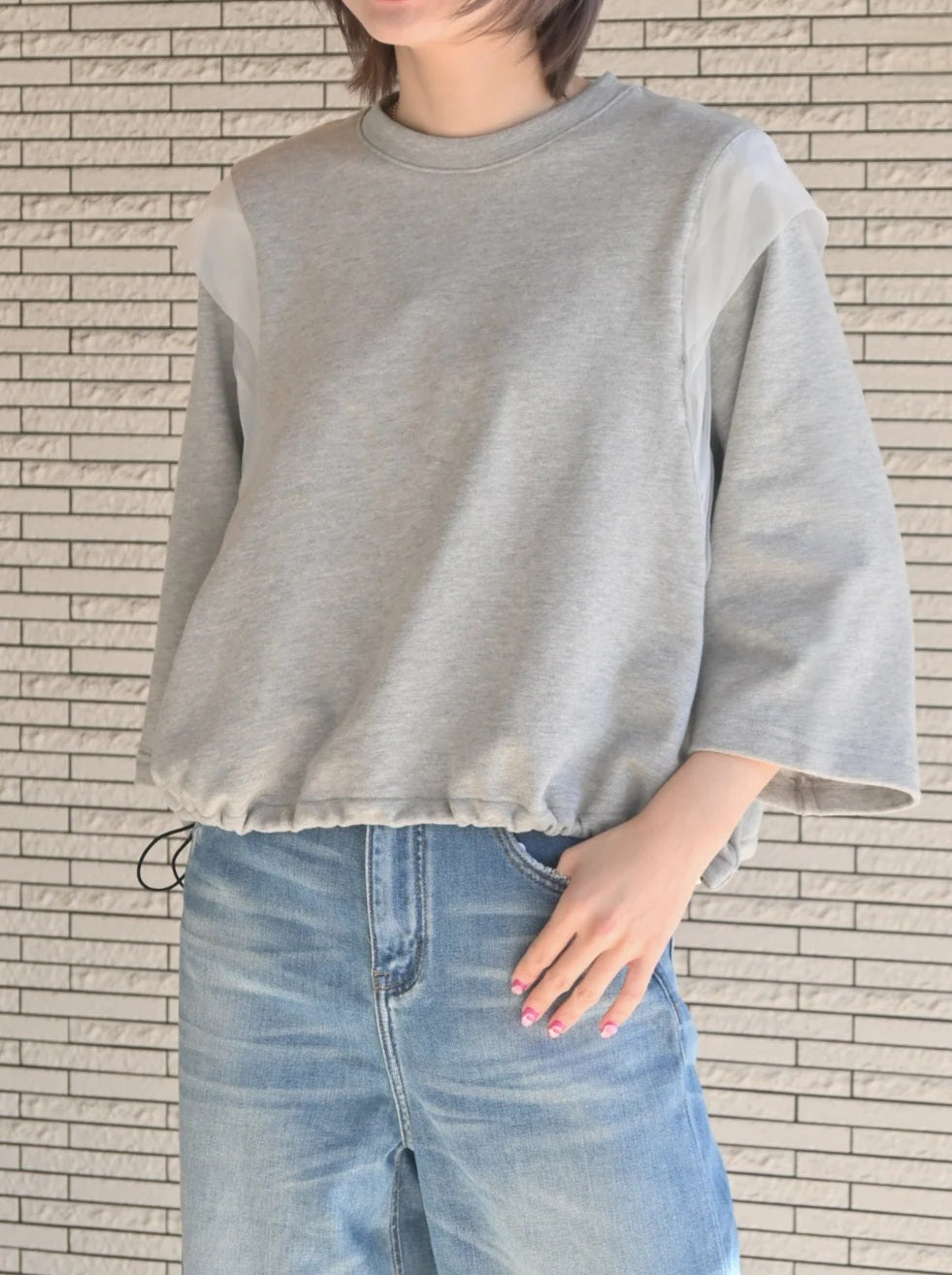 trois スリーブチュールフリル6分袖スウェット