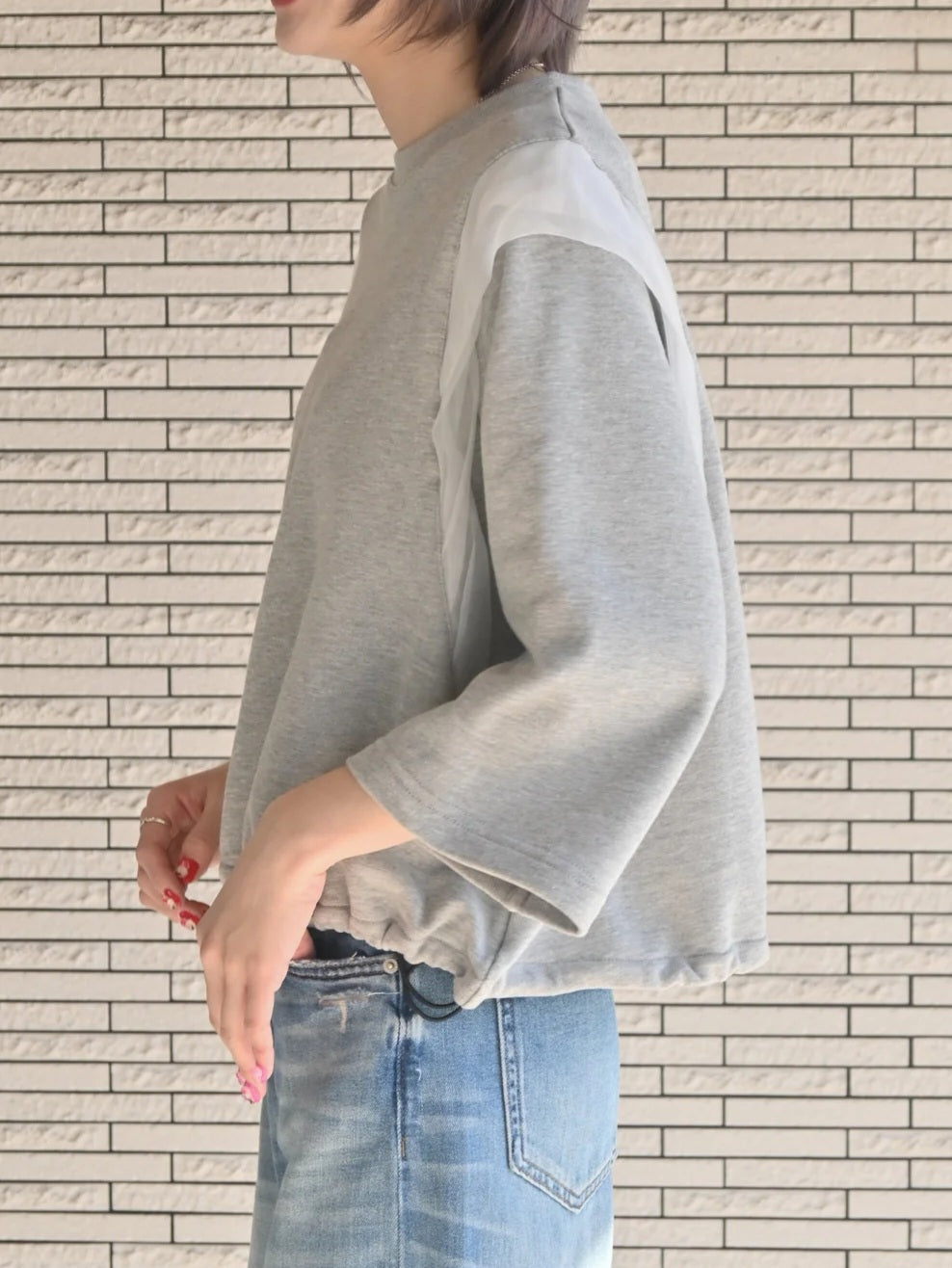 trois スリーブチュールフリル6分袖スウェット