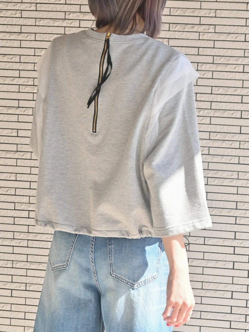 trois スリーブチュールフリル6分袖スウェット