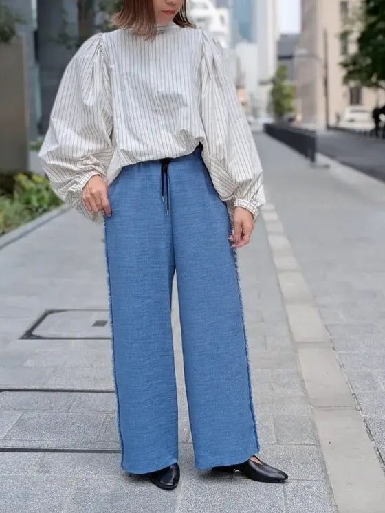 trois リネンライクサイドフリンジセミワイドパンツ