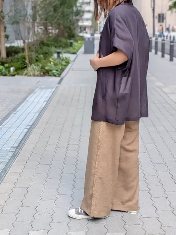 trois リネンライクサイドフリンジセミワイドパンツ