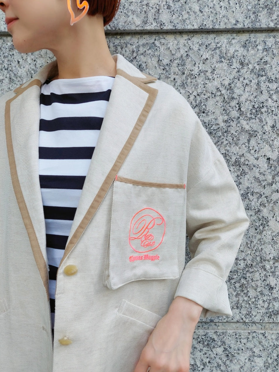 THOMAS MAGPIE　コットンリネンヘリンボーンパイピングテーラードジャケット