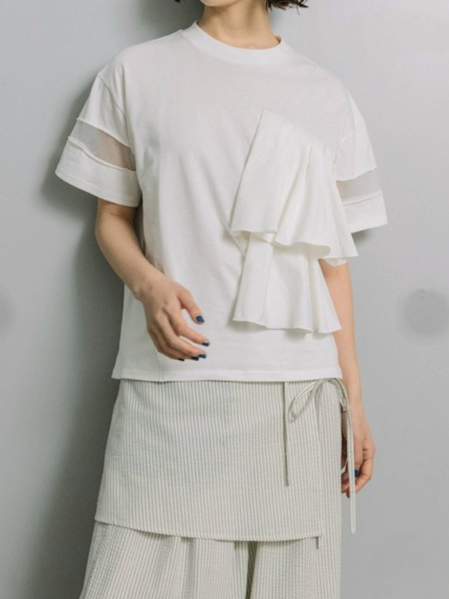 MARECHAL TERRE　フリル×シアー切替スリーブラッフルカットソー