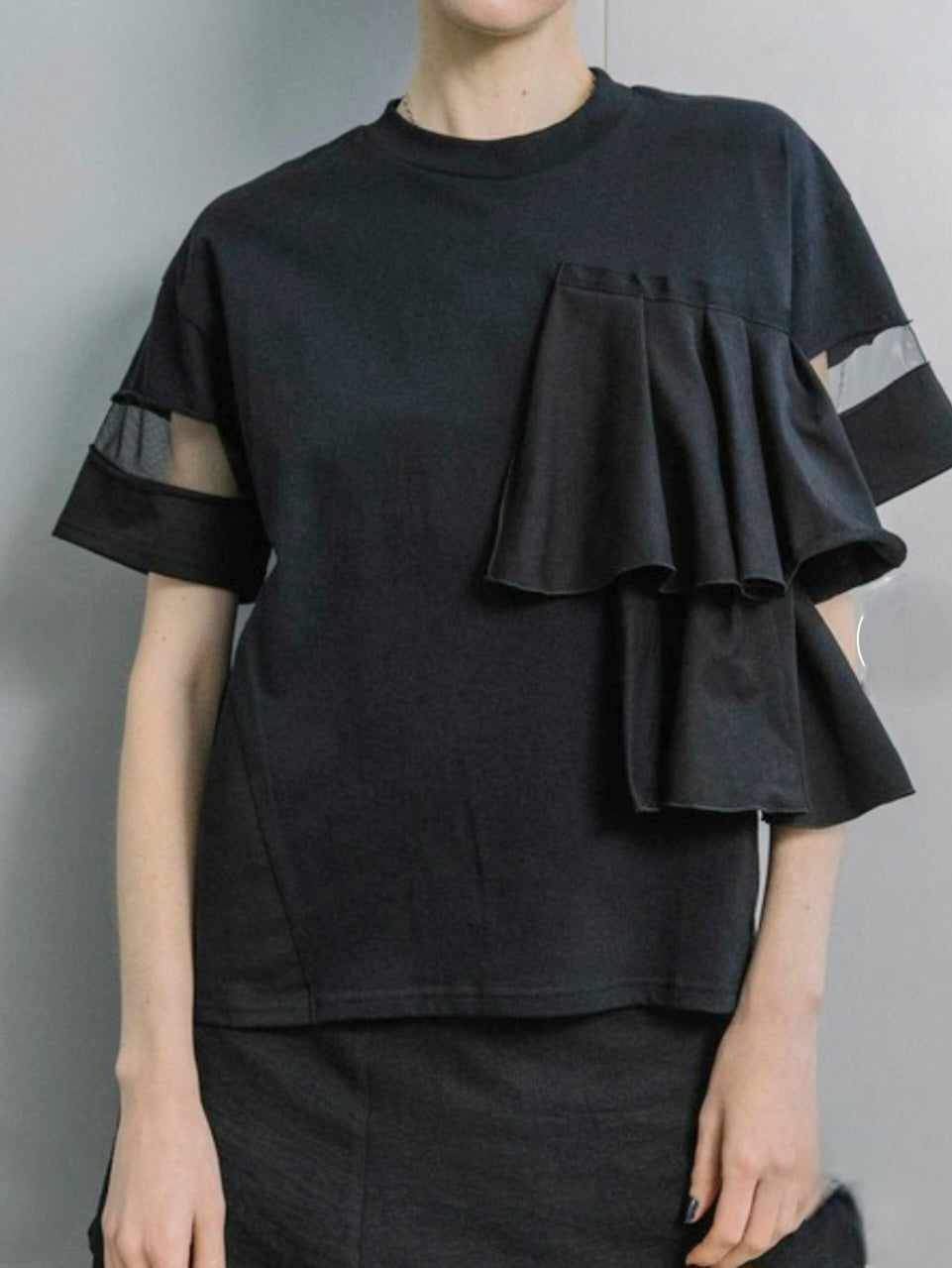 MARECHAL TERRE　フリル×シアー切替スリーブラッフルカットソー