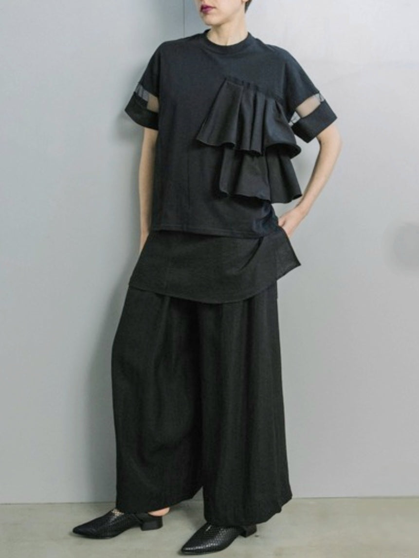 MARECHAL TERRE　フリル×シアー切替スリーブラッフルカットソー