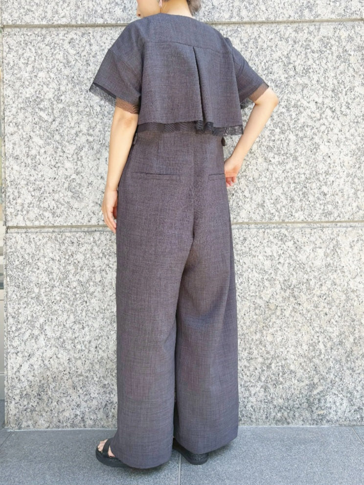 trois リネンライクチュールドッキングバックタックフレアオールインワン
