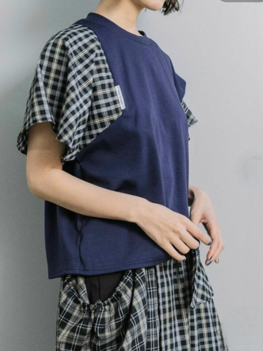 MARECHAL TERRE アシメフレアスリーブ異素材切替デザインカットソ