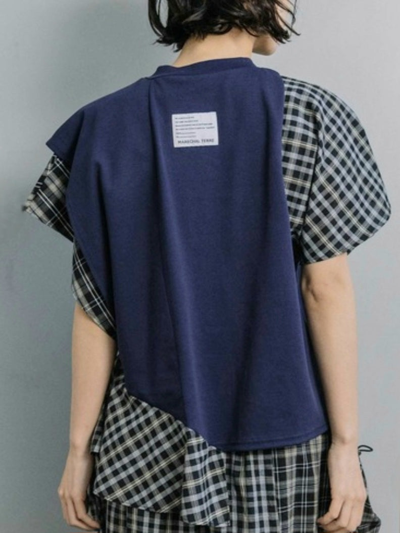 MARECHAL TERRE アシメフレアスリーブ異素材切替デザインカットソ