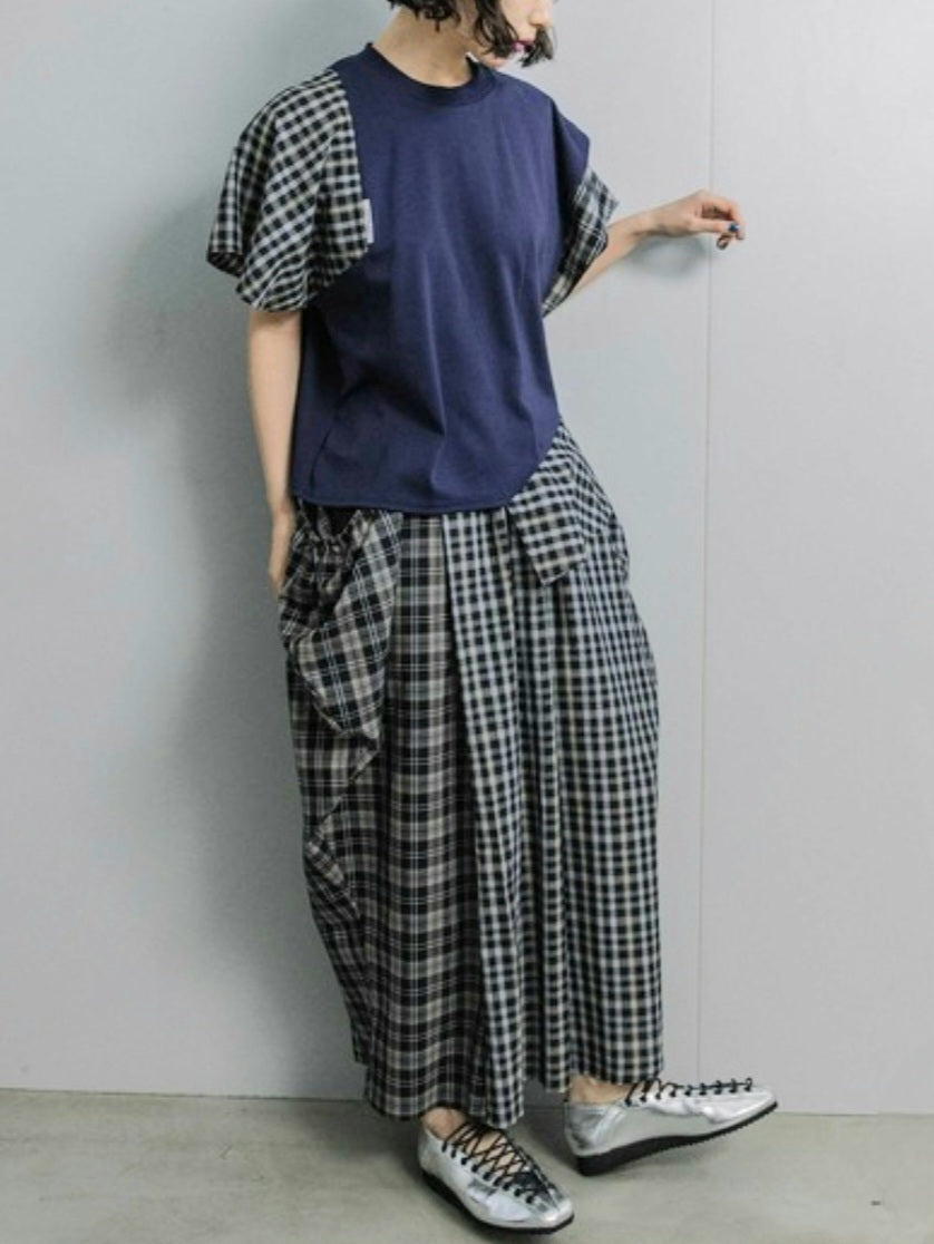 MARECHAL TERRE アシメフレアスリーブ異素材切替デザインカットソ