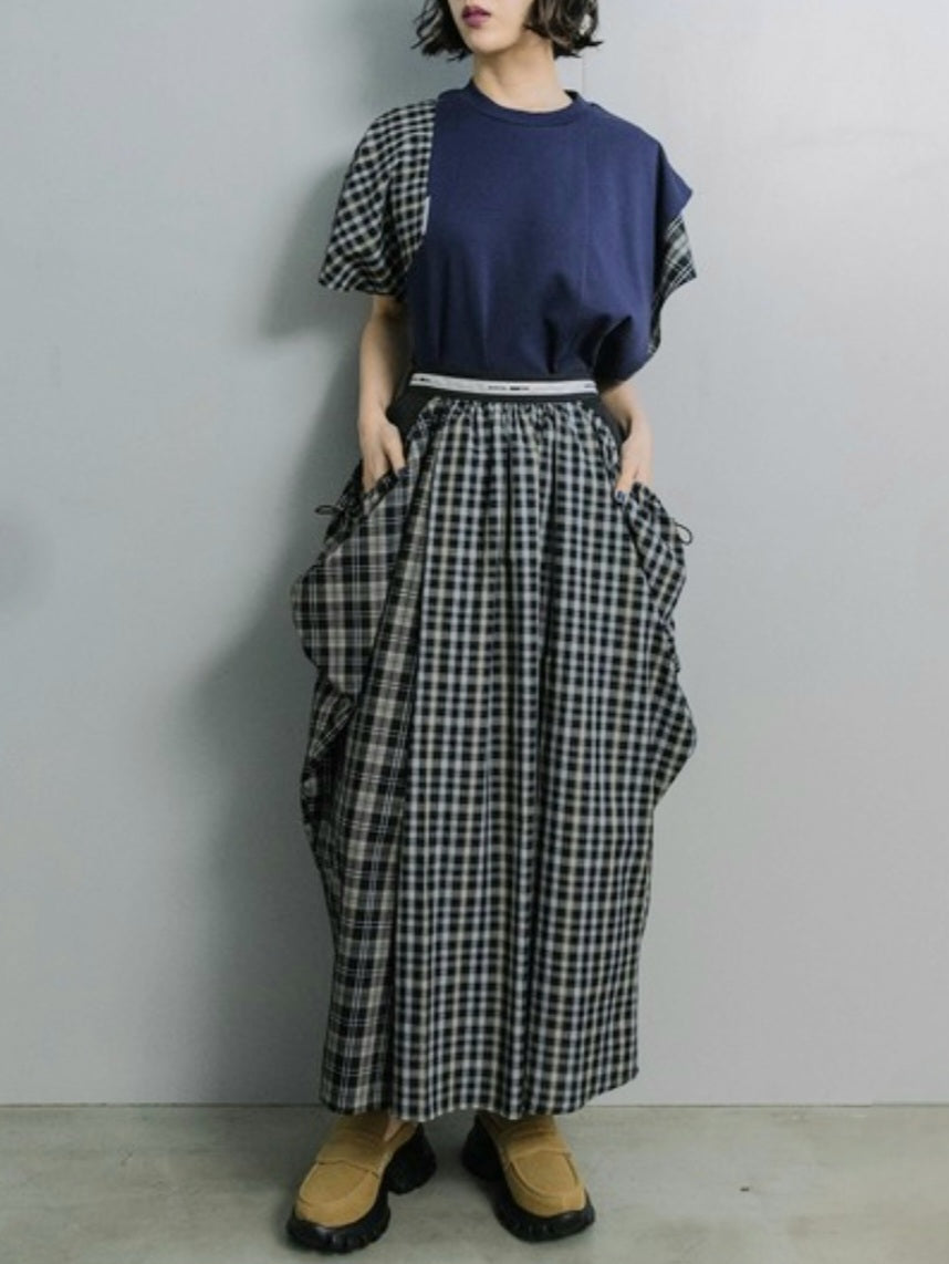 MARECHAL TERRE アシメフレアスリーブ異素材切替デザインカットソ