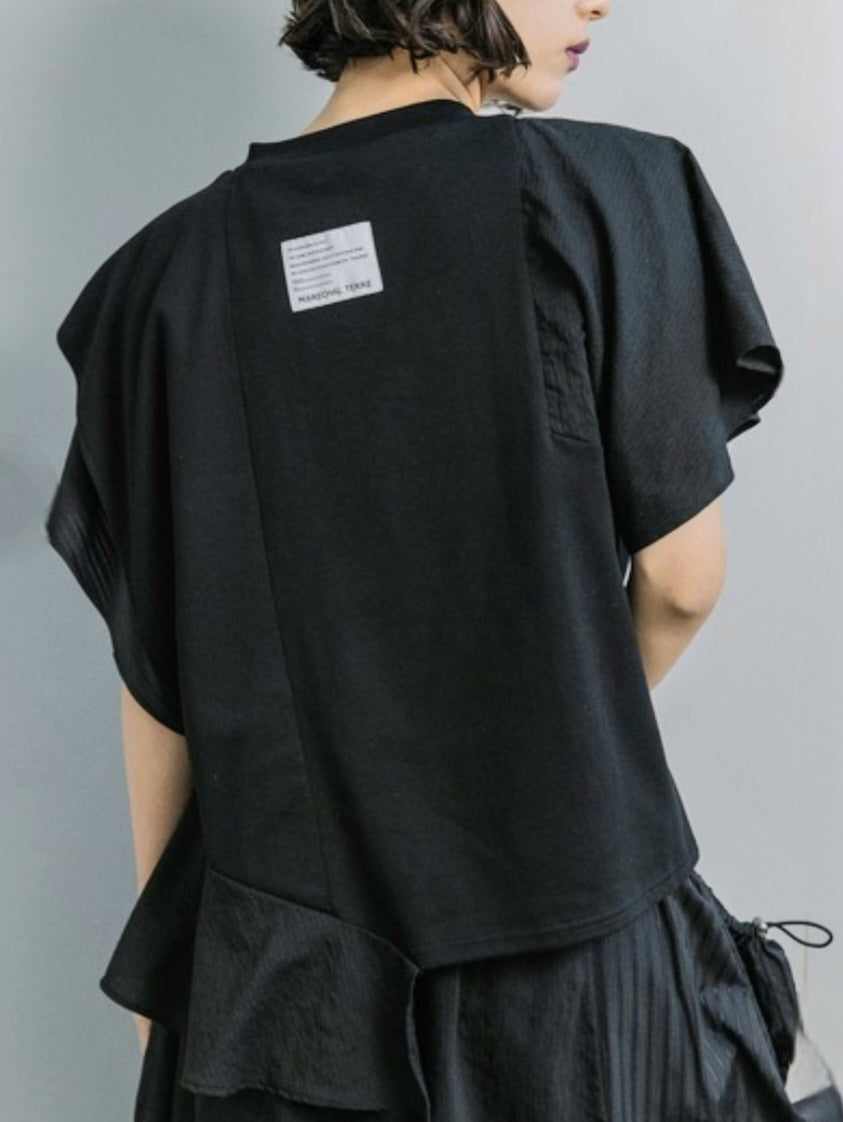 MARECHAL TERRE アシメフレアスリーブ異素材切替デザインカットソ