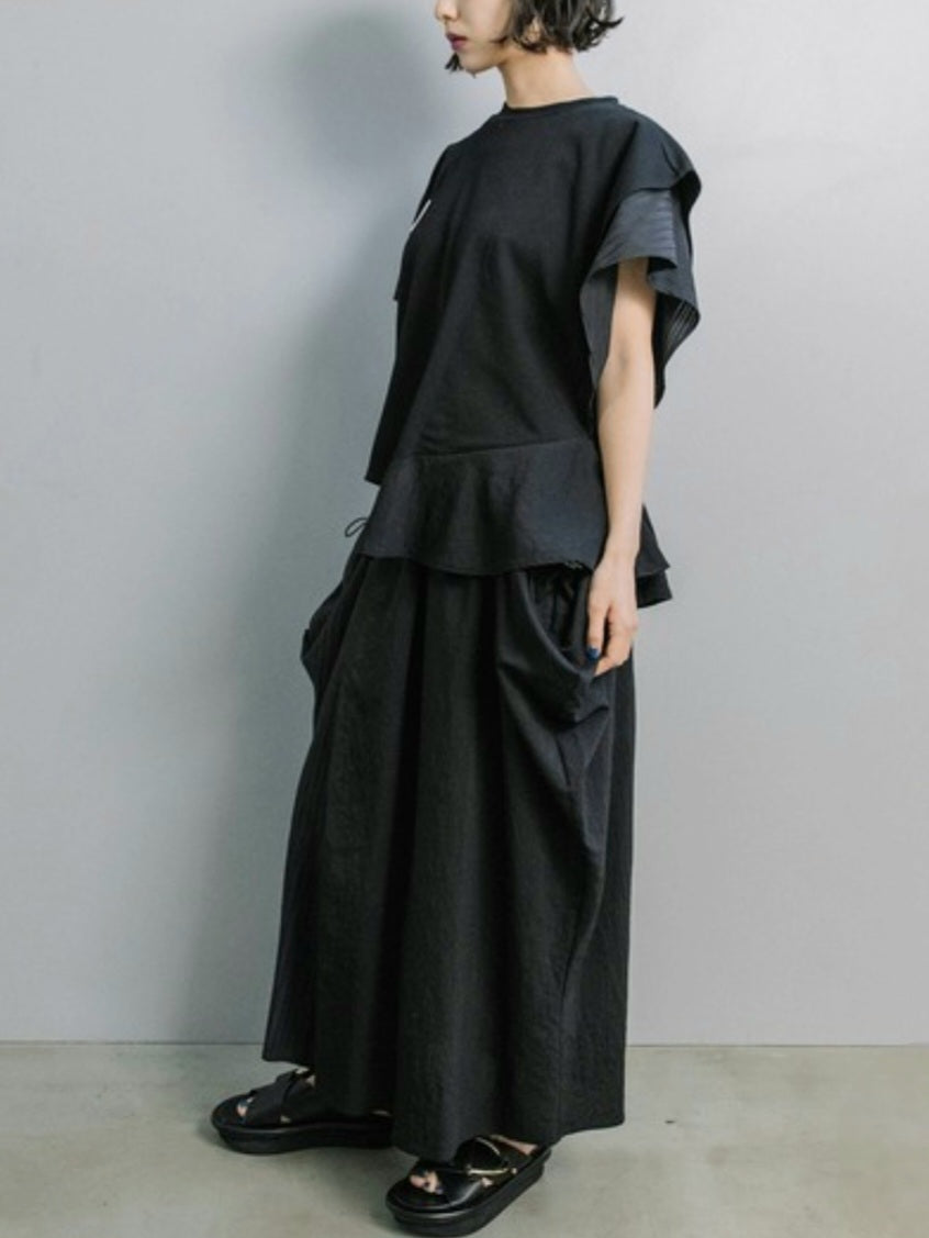 MARECHAL TERRE アシメフレアスリーブ異素材切替デザインカットソ