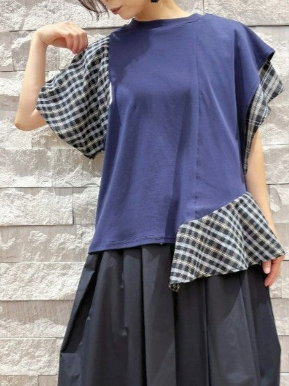 MARECHAL TERRE アシメフレアスリーブ異素材切替デザインカットソ