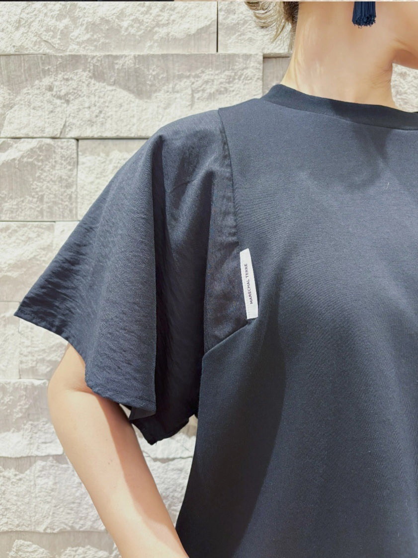 MARECHAL TERRE アシメフレアスリーブ異素材切替デザインカットソ