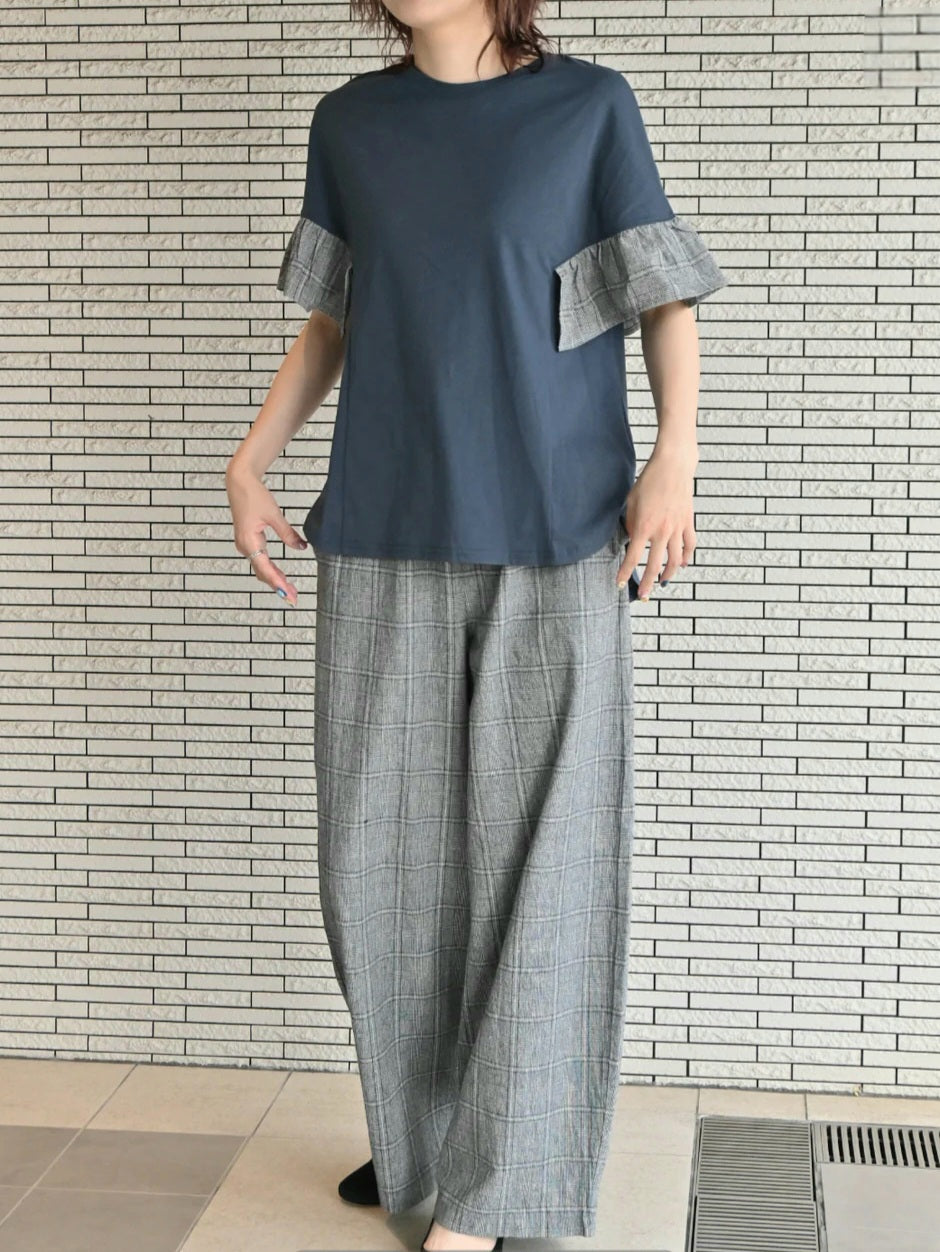 trois チェックフリルスリーブカットソー