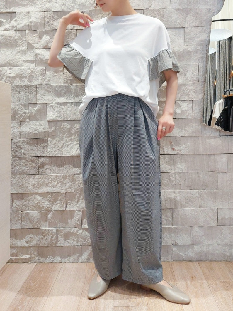 trois チェックフリルスリーブカットソー