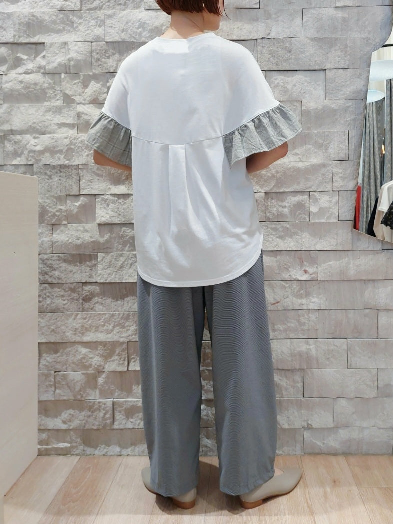 trois チェックフリルスリーブカットソー