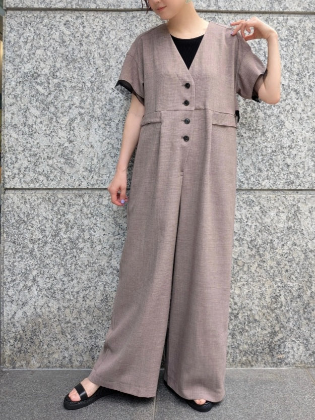 【SALE】trois リネンライクチュールドッキングバックタックフレアオールインワン