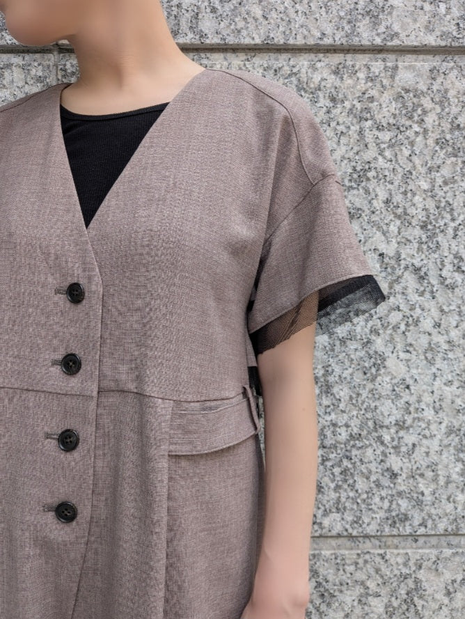 【SALE】trois リネンライクチュールドッキングバックタックフレアオールインワン
