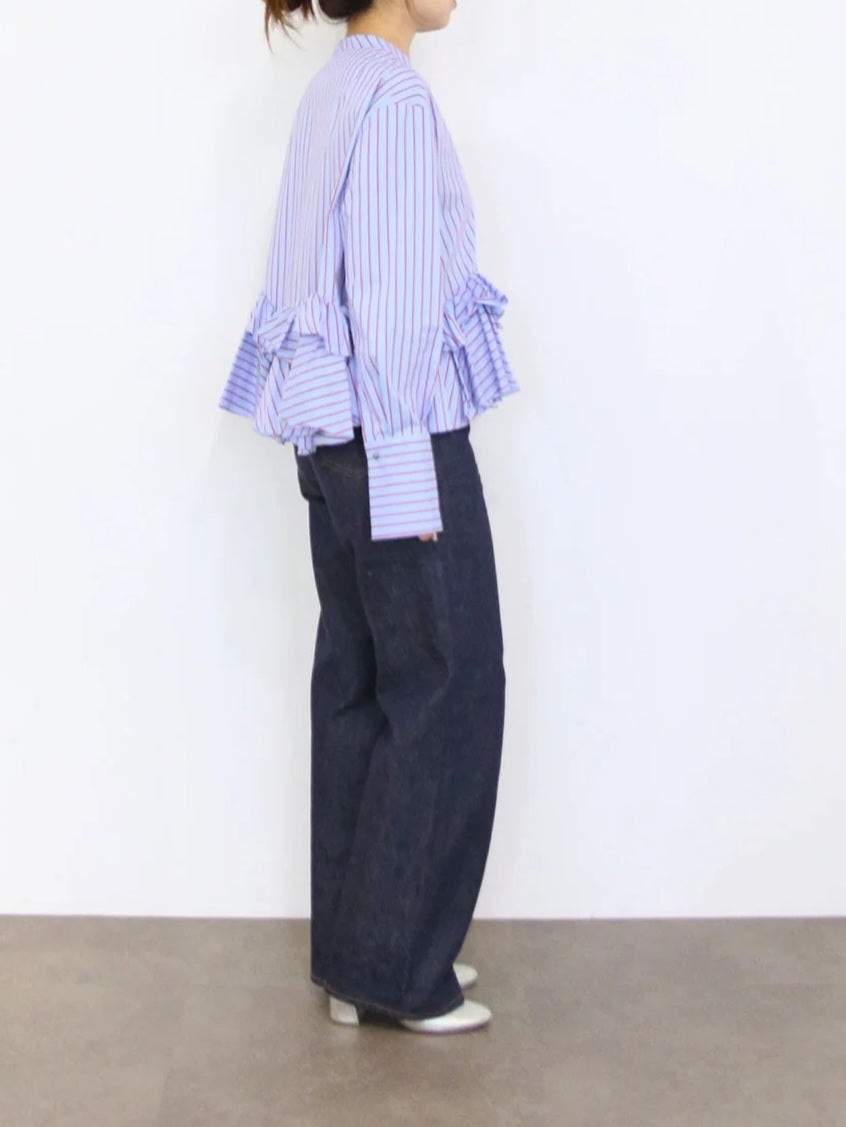 MARILYN MOON ティアードフリルバンドカラーストライプブラウス